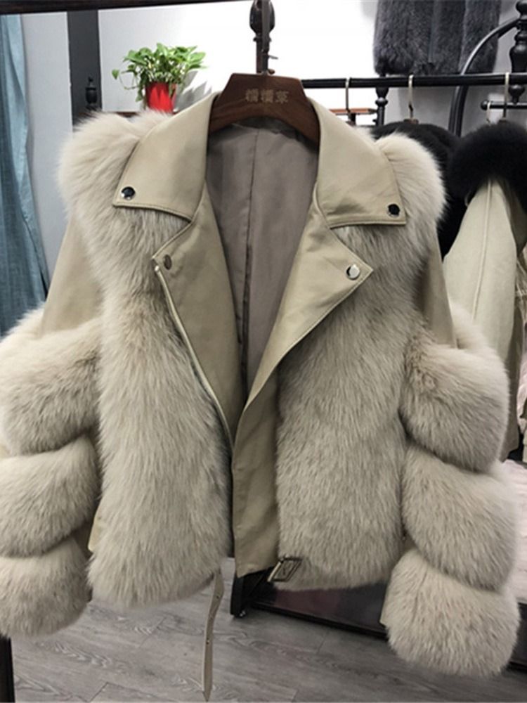 Damen-standard-plain Revers-reißverschluss Winter-kunstpelz-mantel