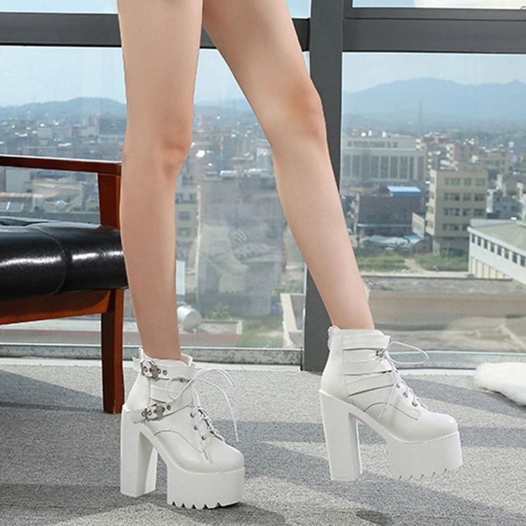 Back Zip Round Toe Platform Chunky Heel Cross Strap Damenstiefel