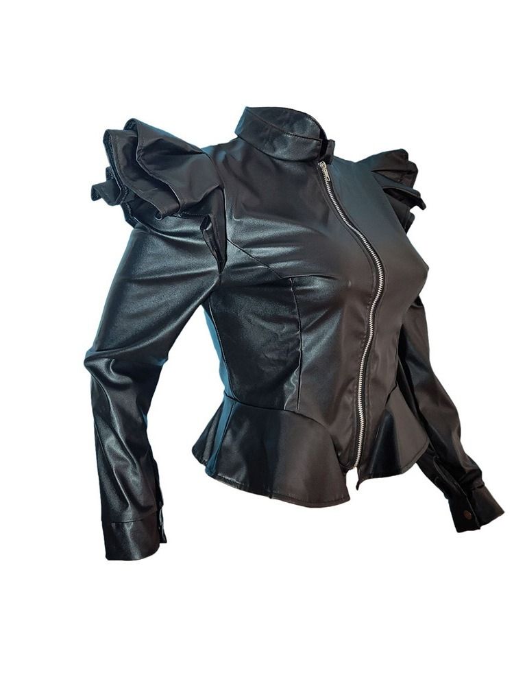 Damen Reißverschluss Slim Standard Herbst Pu Jacke