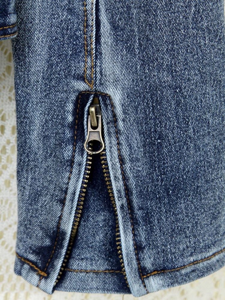 Damen Slim Revers Getragene Jeansjacke Wor