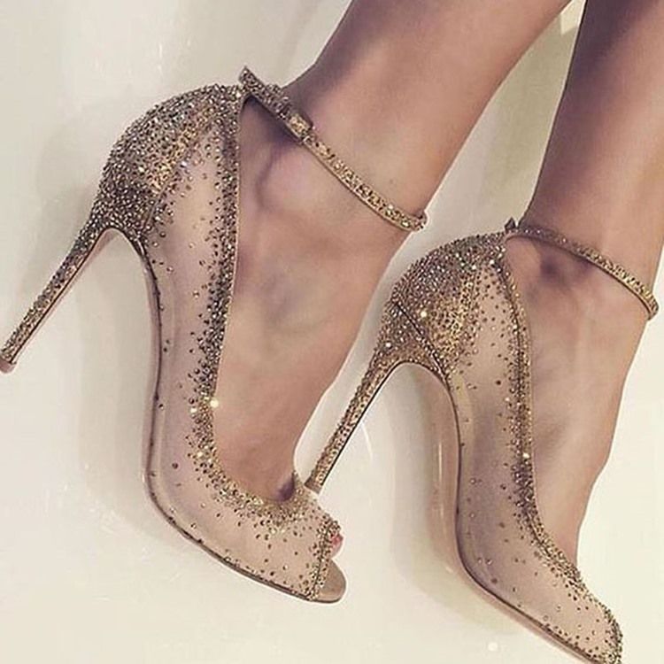 Damen Goldene Strass Peep Toe Pumps Mit Stiletto-absatz