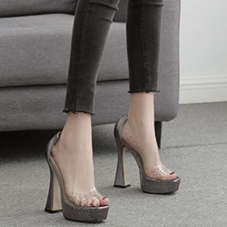 Damen Strass Peep Toe Freizeit-pumps Mit Klobigem Absatz