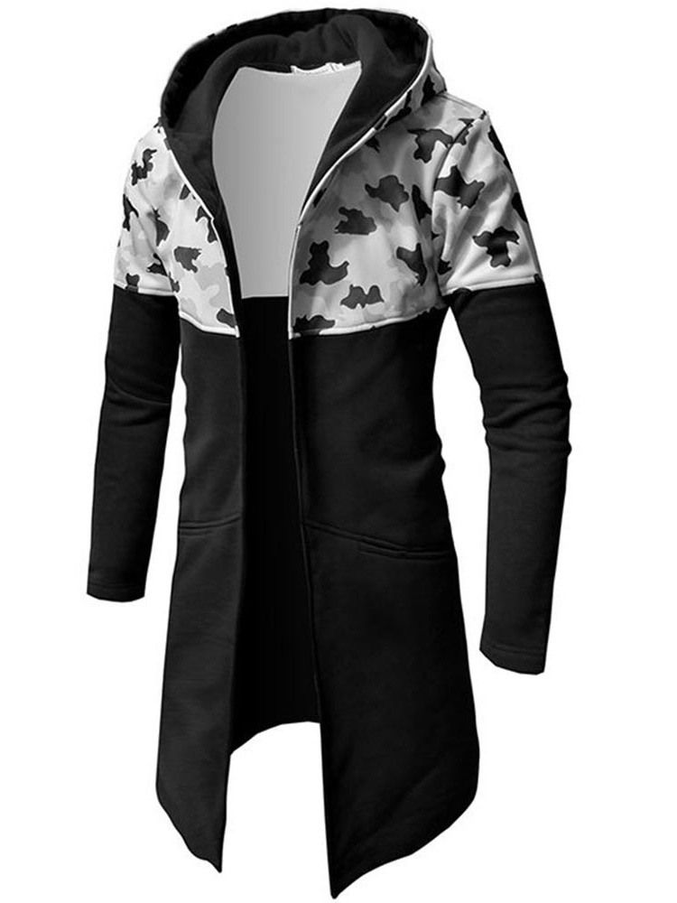 Camouflage Patchwork Slim Mittellange Kapuzen Herren Trenchcoat