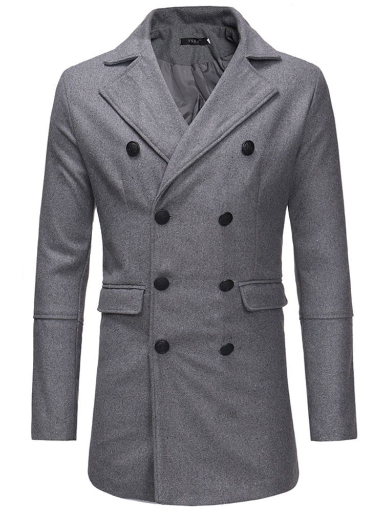 Einfarbiger Zweireihiger Mittellanger Herren Trenchcoat Aus Wolle