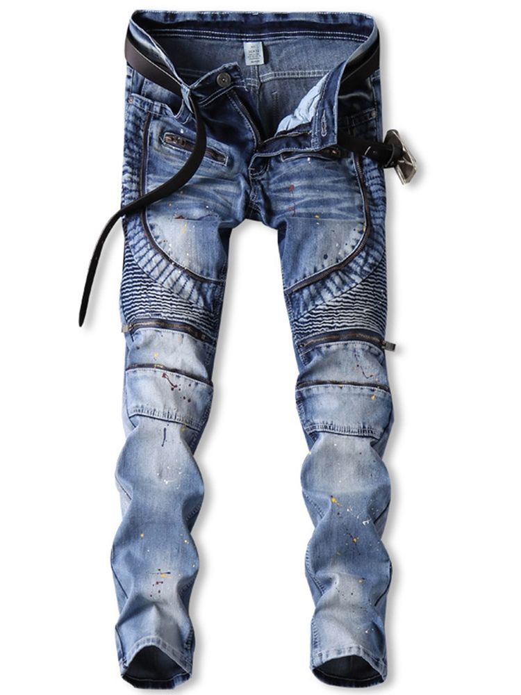 Color Block Denim Zip Mid-waist Unique Herrenhose