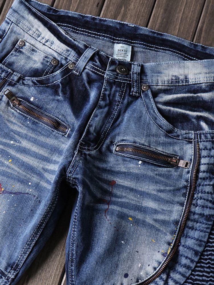 Color Block Denim Zip Mid-waist Unique Herrenhose