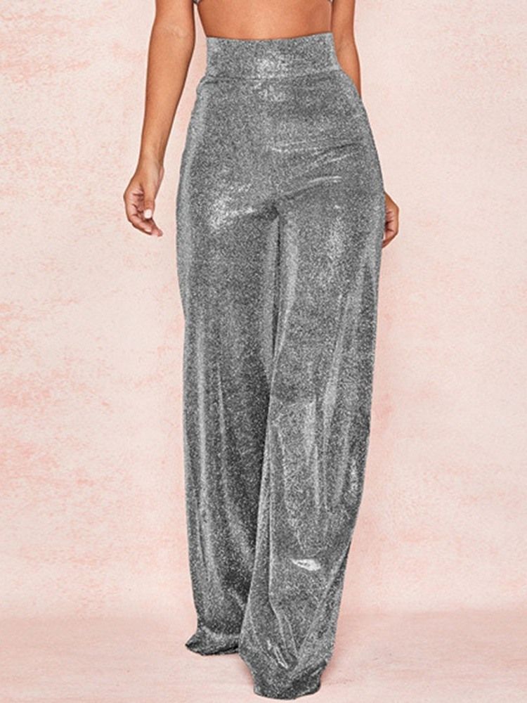 Damen Einfarbige Lurex-lose Hohe Taillen-freizeithose In Voller Länge