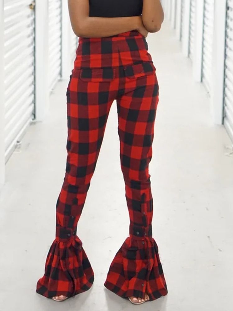 Damen Karierte Slim High Waist Freizeithose In Voller Länge