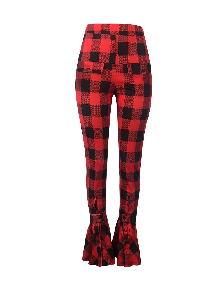 Damen Karierte Slim High Waist Freizeithose In Voller Länge