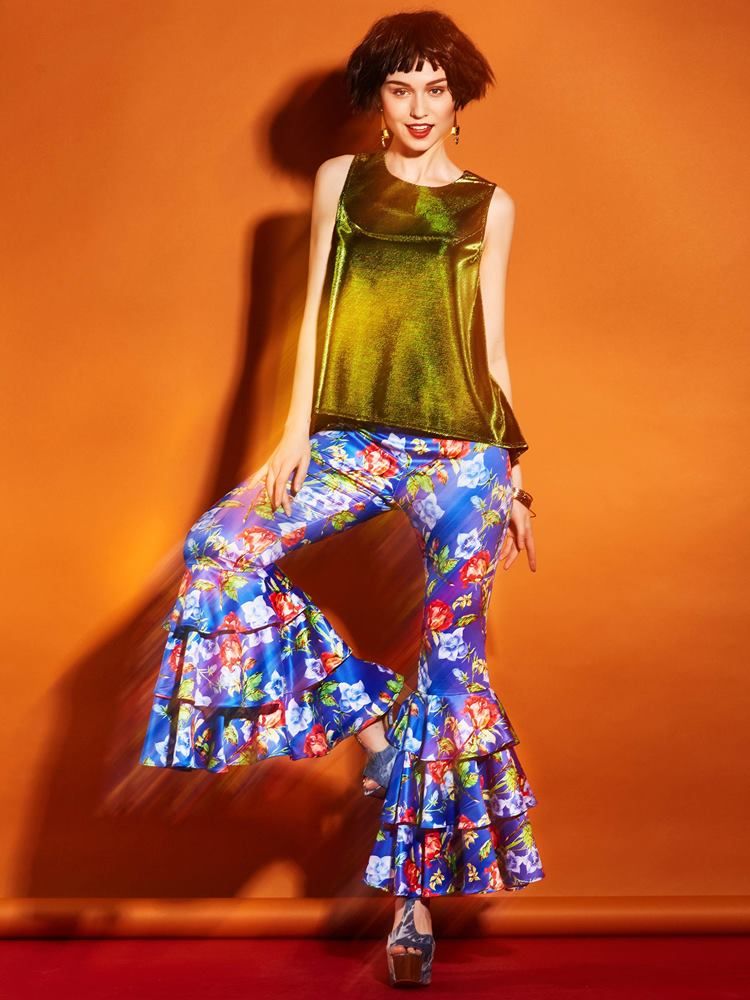 Damenhose Mit Elastischen Rüschen Und Blumen-schlaghosen
