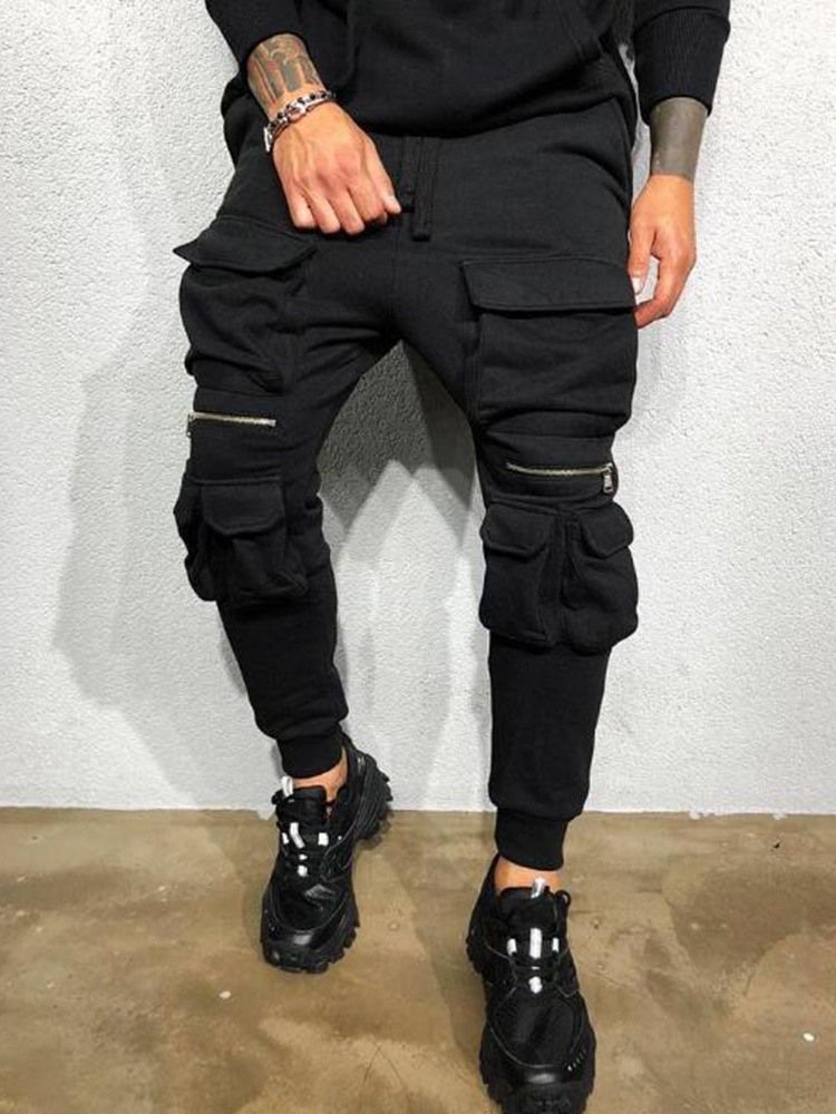 Herrentaschen Einfarbige Freizeithose Zum Schnüren Mit Mittlerer Taille