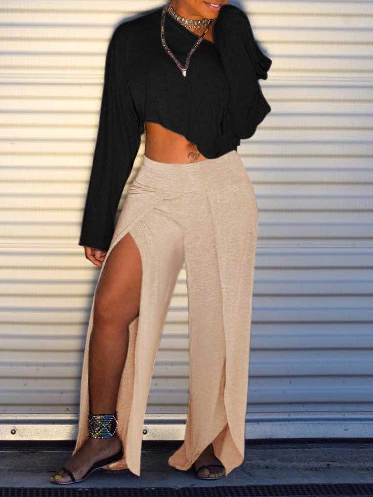 Loose Split Plain Wide Legs Full Length Casual Damenhosen
