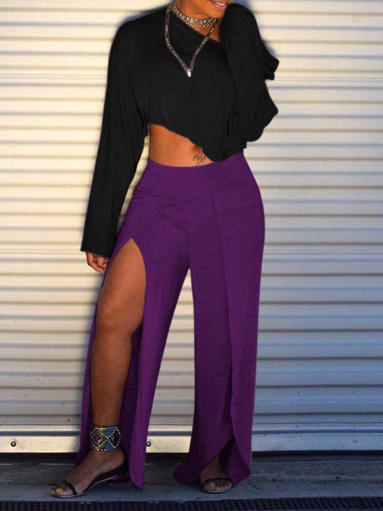 Loose Split Plain Wide Legs Full Length Casual Damenhosen