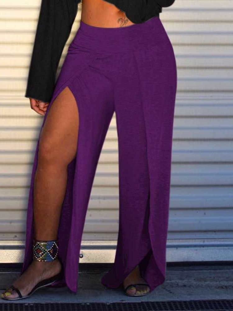 Loose Split Plain Wide Legs Full Length Casual Damenhosen