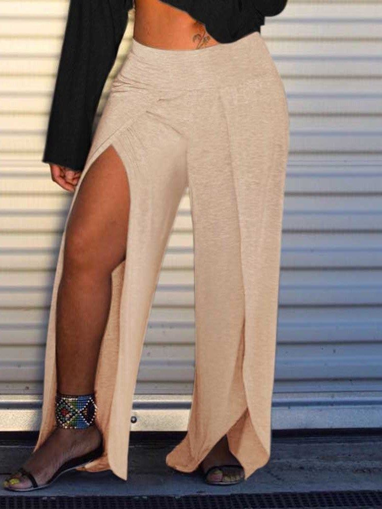 Loose Split Plain Wide Legs Full Length Casual Damenhosen