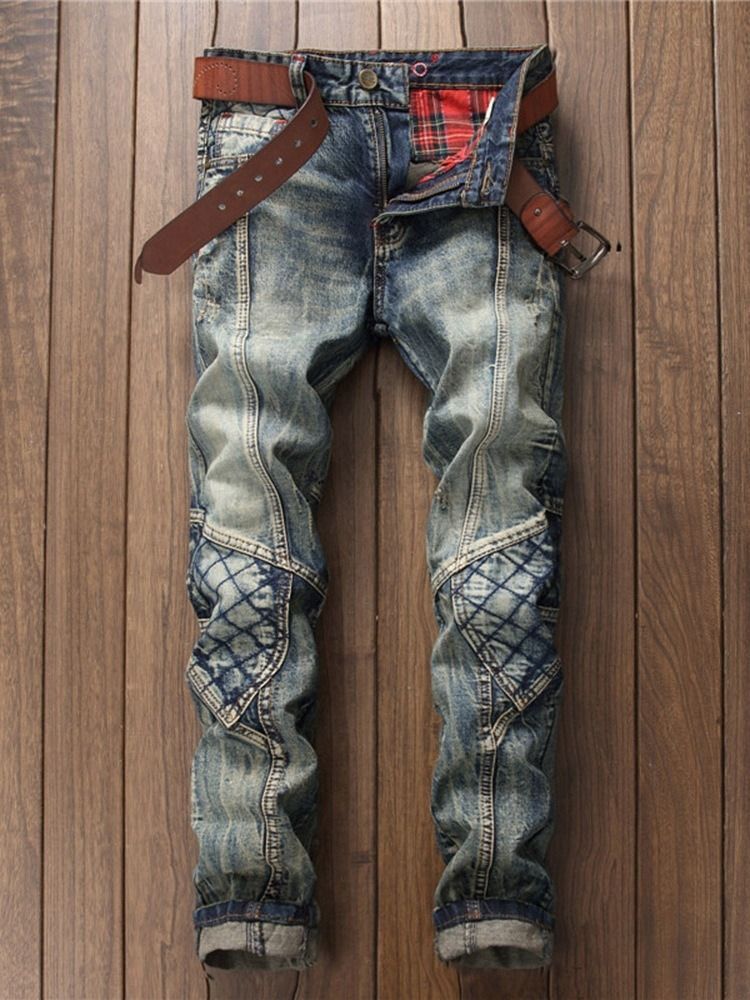 Color Block Straight Button Vintage Mid Waist Herrenjeans