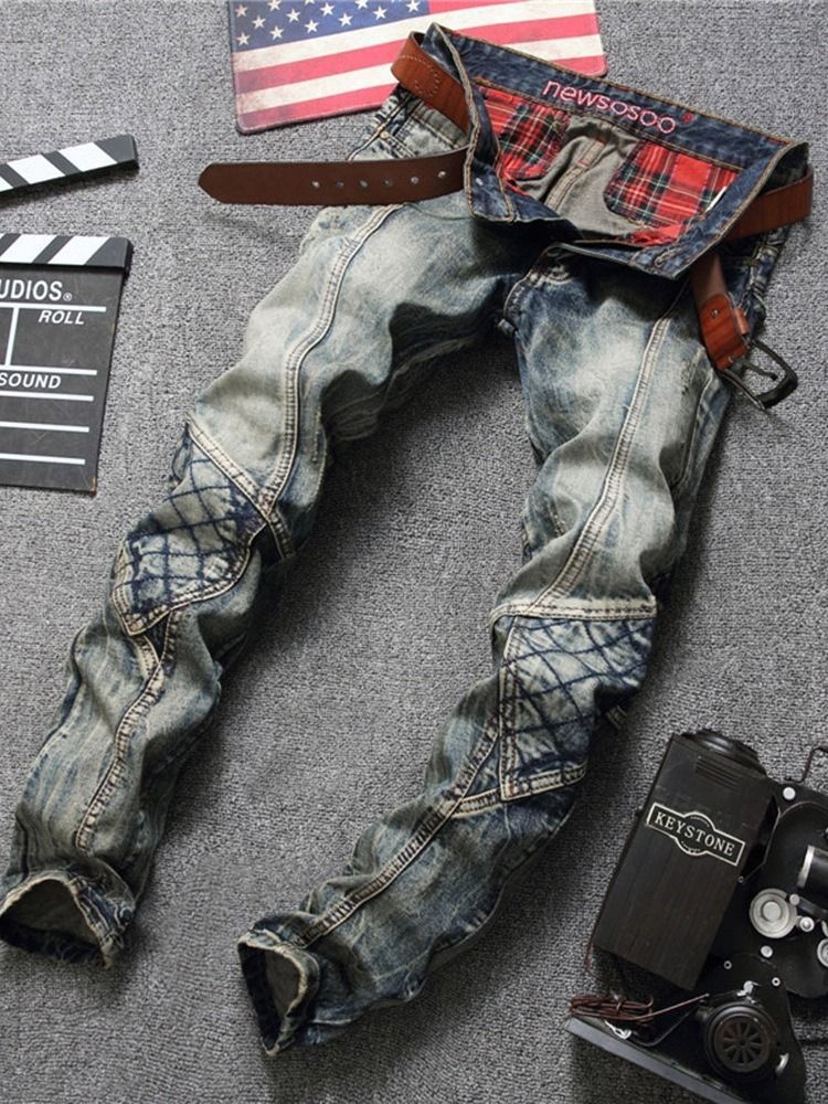 Color Block Straight Button Vintage Mid Waist Herrenjeans