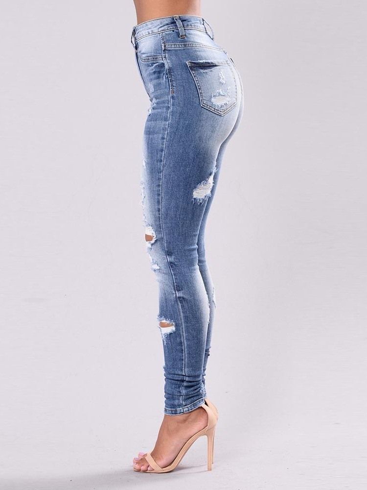 Damen Einfarbig Zerrissene Waschbare Slim Jeans
