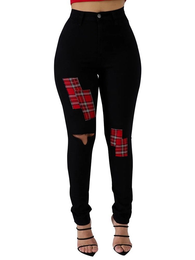 Damen Loch-farbblock-bleistifthose Hole Skinny Jeans