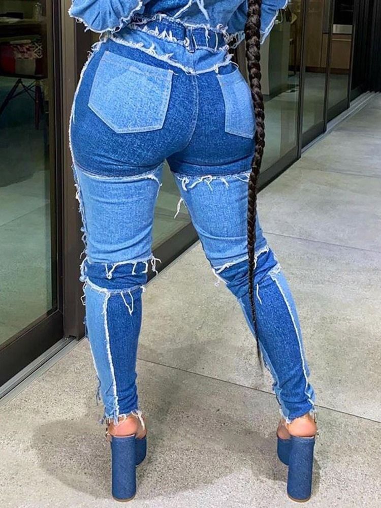 Damen Patchwork Farbblock Bleistifthose Skinny Zipper Jeans