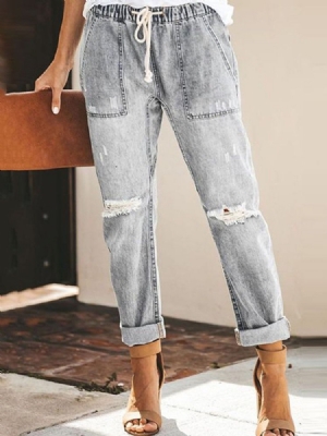 Damen-schnür-jeans Mit Einfarbigen Taschen Und Gummizügen