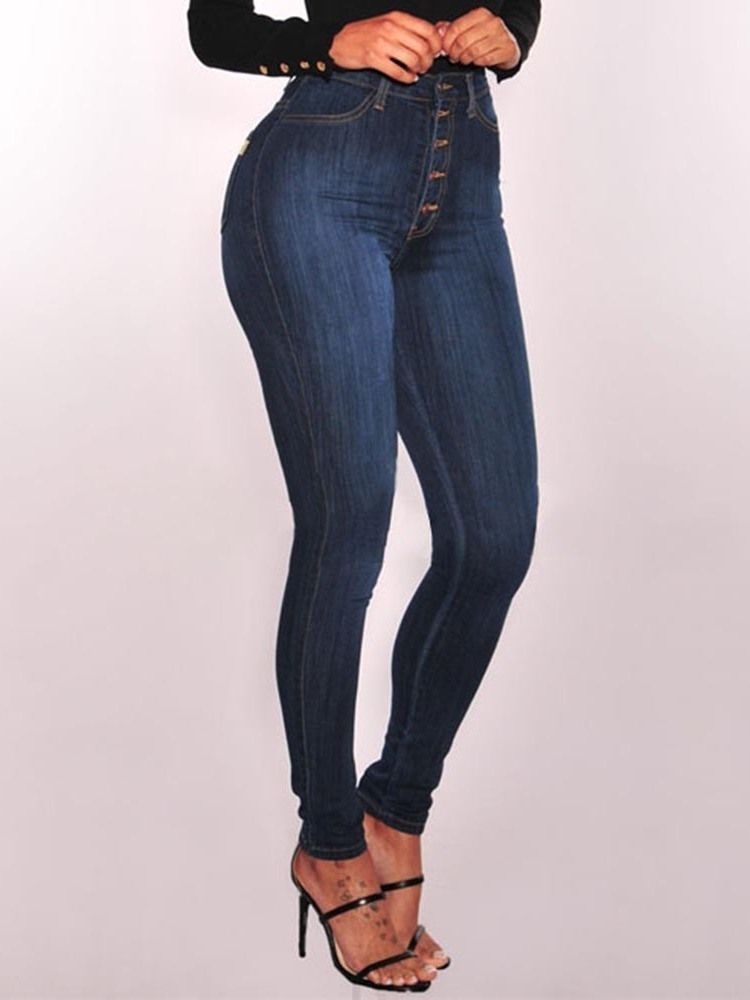 Einfarbige Jeans Mit Knöpfen Für Damen Mit Hoher Taille
