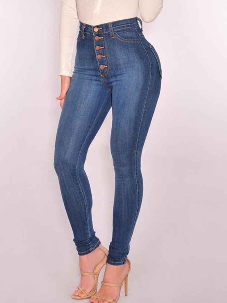 Einfarbige Jeans Mit Knöpfen Für Damen Mit Hoher Taille
