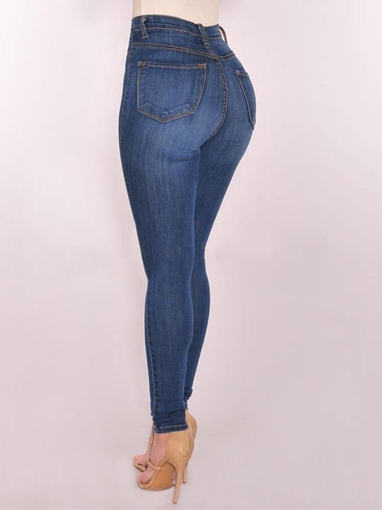 Einfarbige Jeans Mit Knöpfen Für Damen Mit Hoher Taille
