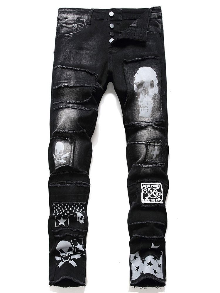 Gerade Print Casual Reißverschluss Herren Jeans