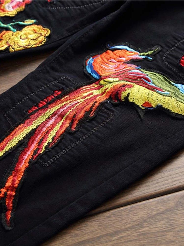 Herren-stickerei-bleistift-hose Mit Blumen-reißverschluss Mid Waist Jeans