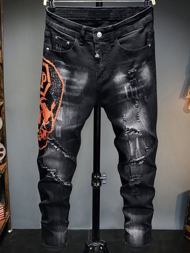 Letter Worn Pencil Pants European Zipper Herrenjeans