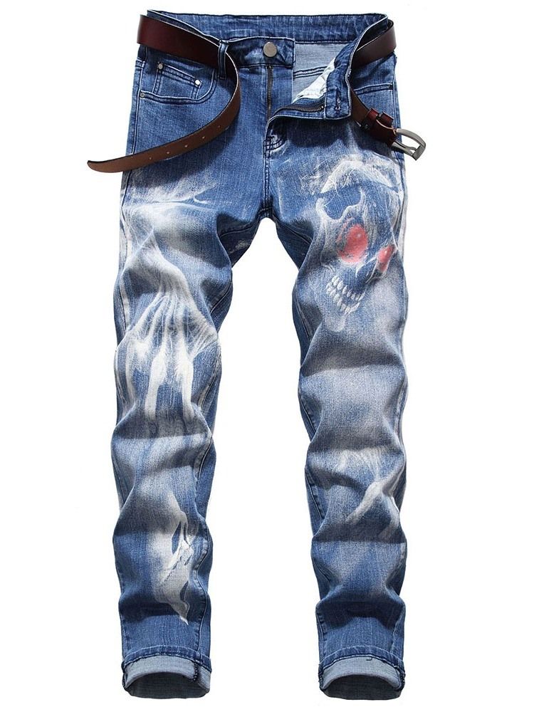 Schädel Bleistift Printed Mid Waist Herren Freizeitjeans