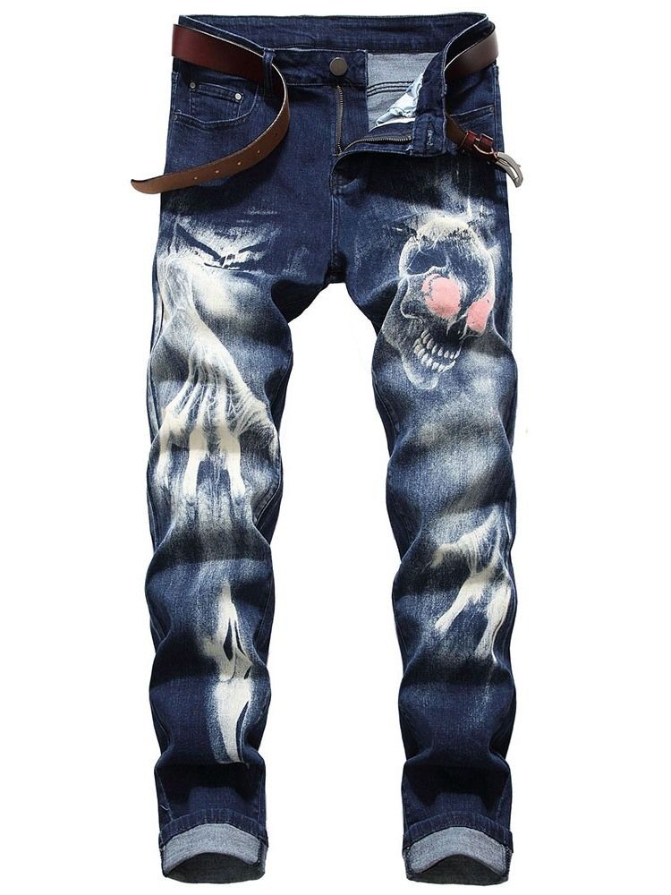 Schädel Bleistift Printed Mid Waist Herren Freizeitjeans