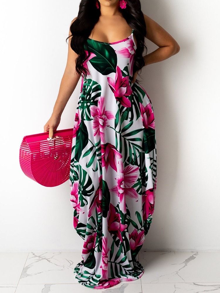 Ärmelloses Print Bodenlanges Plant Floral Maxikleid Strandkleider Für Damen