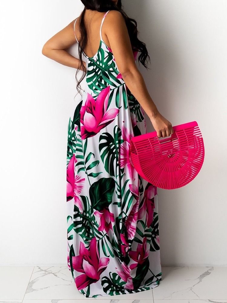 Ärmelloses Print Bodenlanges Plant Floral Maxikleid Strandkleider Für Damen
