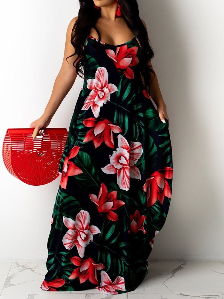Ärmelloses Print Bodenlanges Plant Floral Maxikleid Strandkleider Für Damen