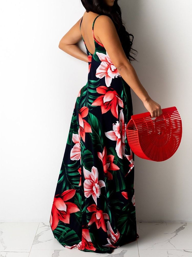 Ärmelloses Print Bodenlanges Plant Floral Maxikleid Strandkleider Für Damen