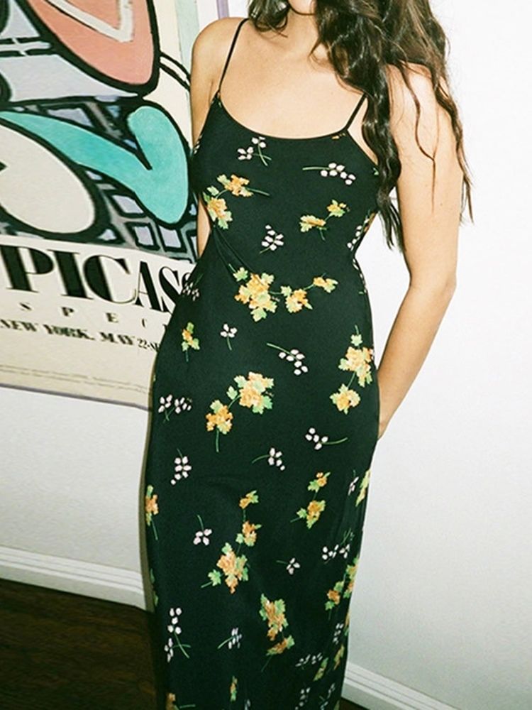 Ärmelloses Print Knöchellanger Farbblock Spaghettiträger Damenkleid
