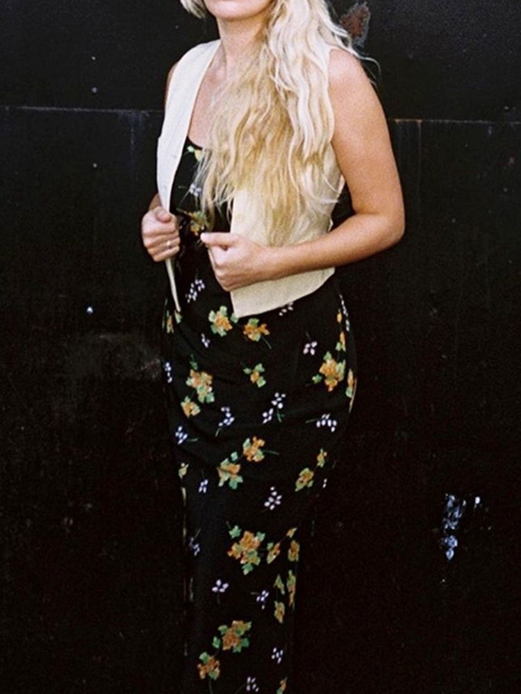 Ärmelloses Print Knöchellanger Farbblock Spaghettiträger Damenkleid