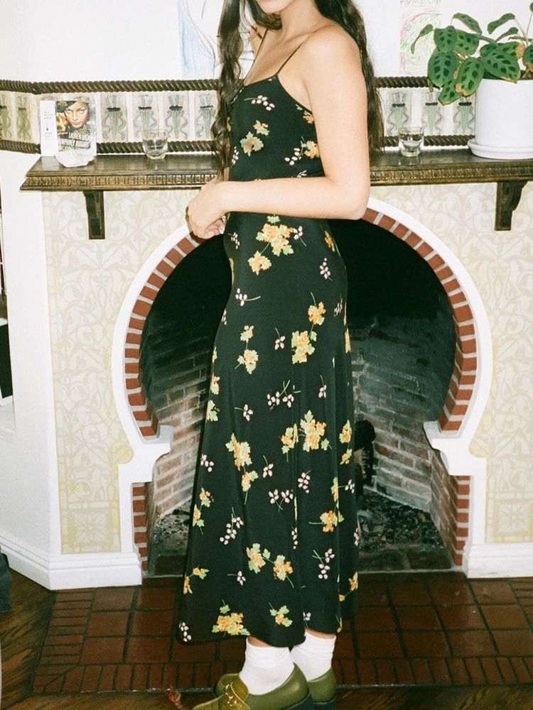 Ärmelloses Print Knöchellanger Farbblock Spaghettiträger Damenkleid