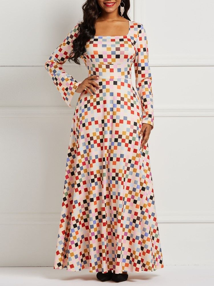 African Fashion Long Sleeves Plaid Color Block Damenkleid