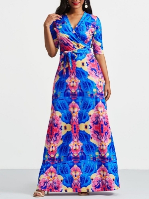 Afrikanisches Damenmode Mit V-ausschnitt Und Floralem Farbblock-maxikleid