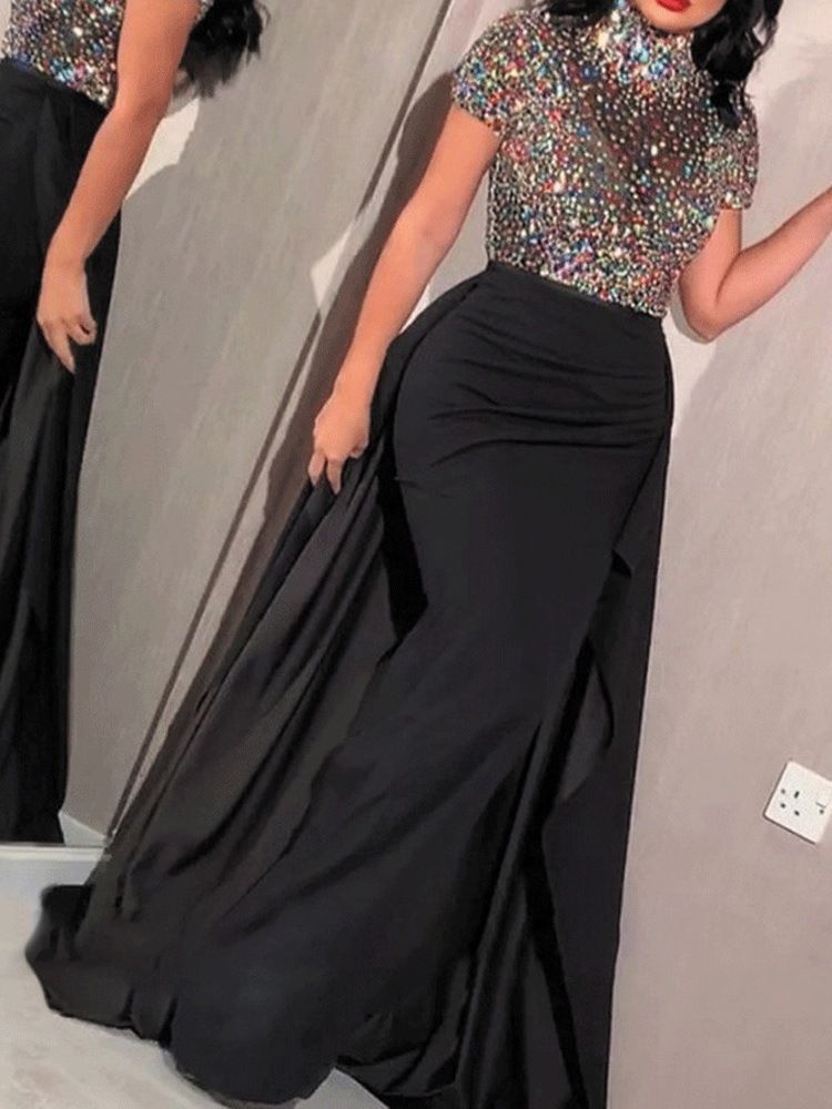 Bodenlange Pailletten Kurzarm All-season Regular Damenkleid