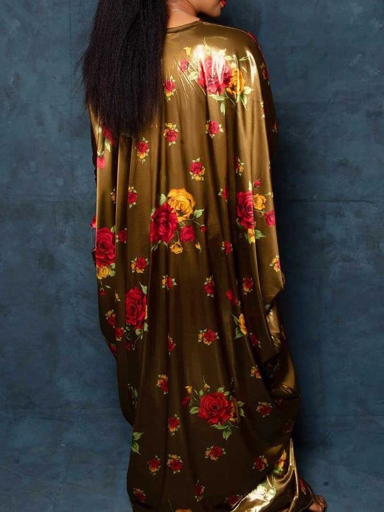 Bodenlanges Dreiviertelärmeliges Plissiertes Kleid Mit Fledermausärmeln Für Damen