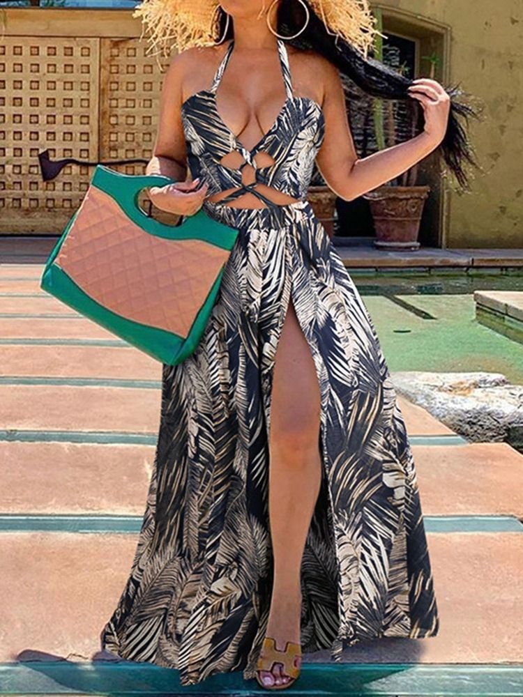 Damen Bodenlanges Ärmelloses Print Travel Look Kleid Maxikleid