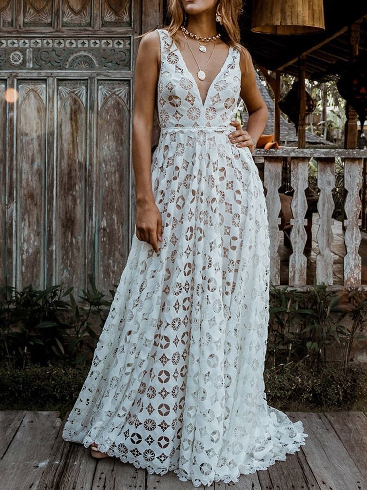 Damen Bodenlanges Ärmelloses Weißes Maxikleid Mit V-ausschnitt