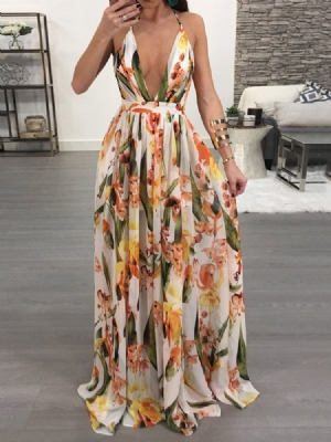 Damen Bodenlanges Pulloverkleid Mit V-ausschnitt Und Print Print