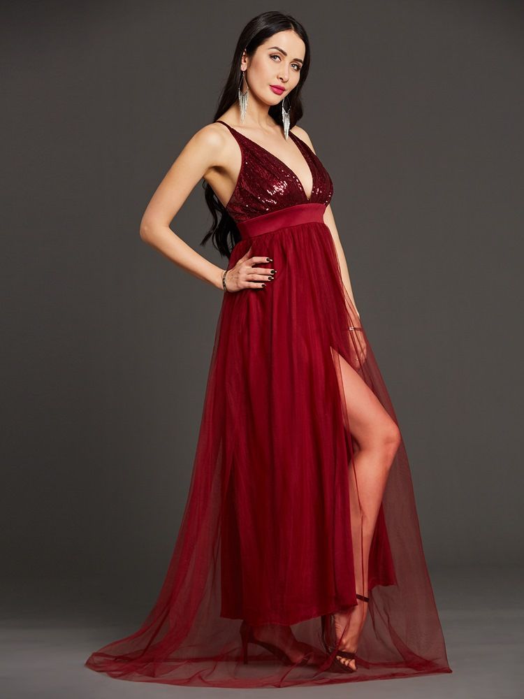 Damen Expansion Spaghetti Strap Mesh Durchsichtiges Maxikleid