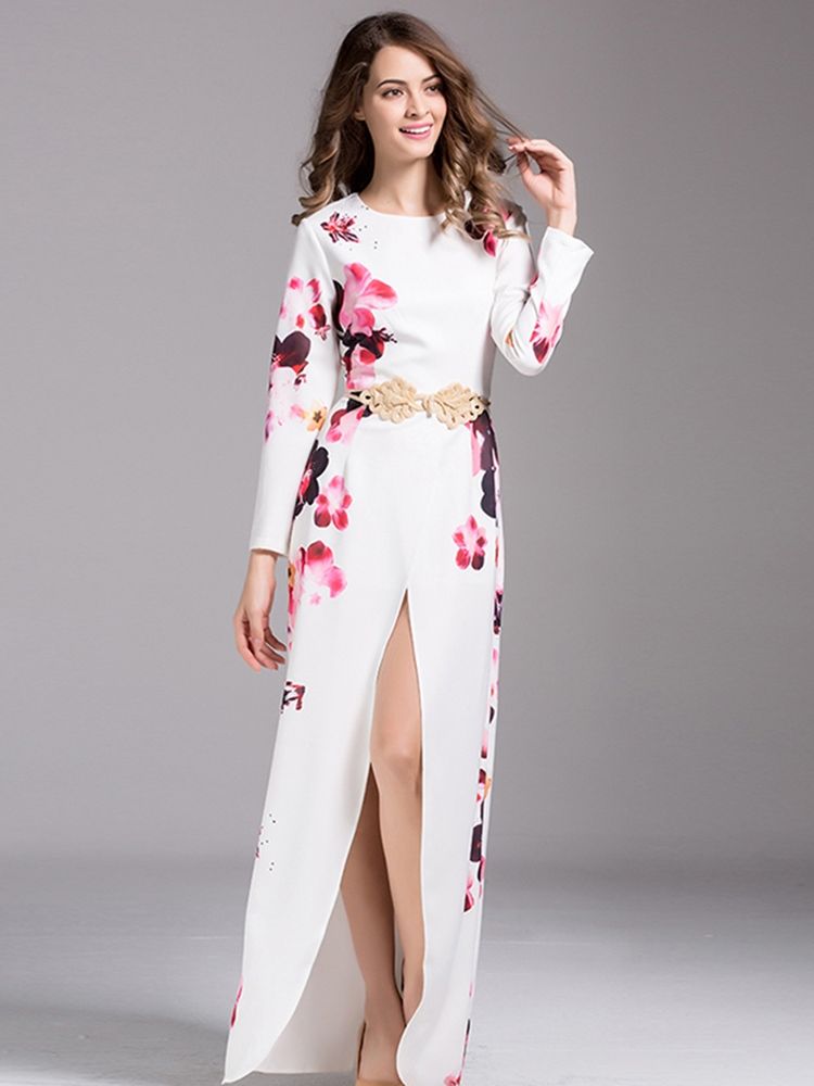 Damen-maxikleid Mit Print Vorne Und Schlitz