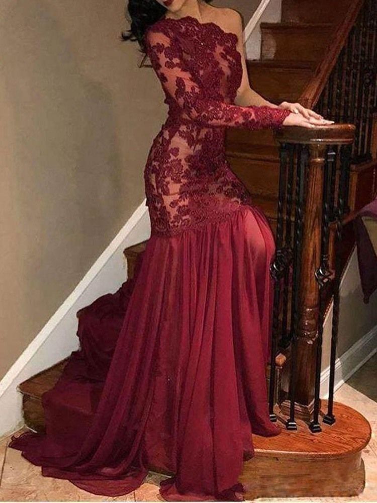Damen Spitze Schrägkragen Bodenlang One-shoulder All-season-kleid